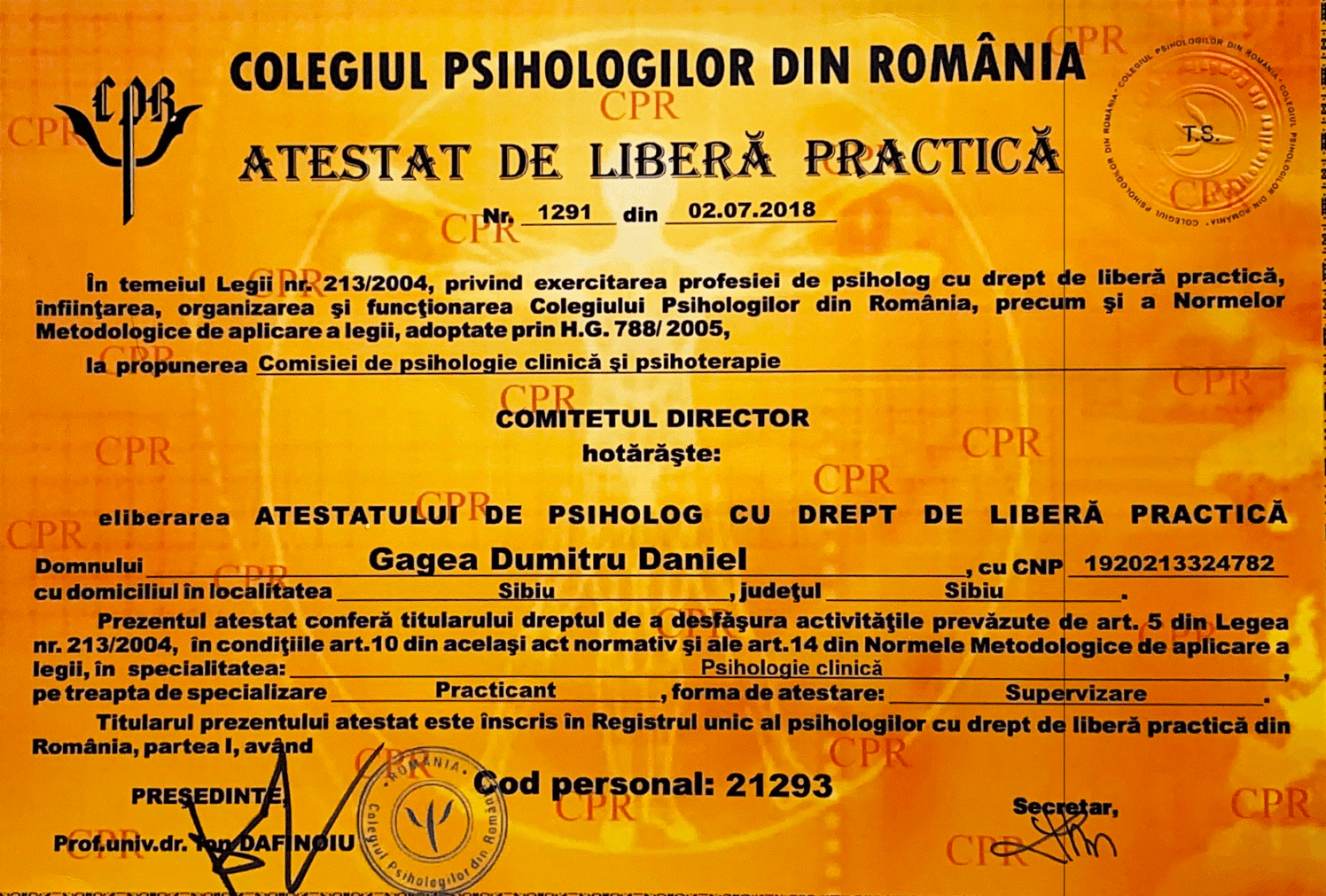 Atestat Liberă Practică emis de Colegiul Psihologilor din România